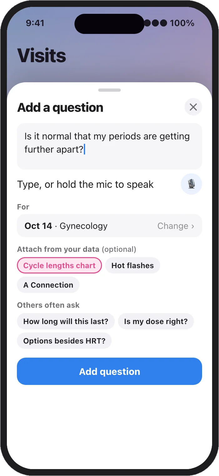 The Add a question sheet on iPhone: a typed question, a microphone button, the visit it is for, optional charts to attach from your data, and common questions to start from