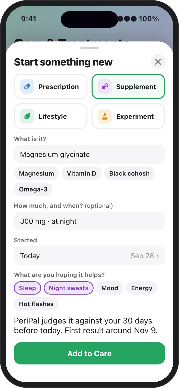 The Start something new sheet on iPhone, with Prescription, Supplement, Lifestyle and Experiment types, a name and dose, a start date, what you hope it helps, and a line saying when the first result will come