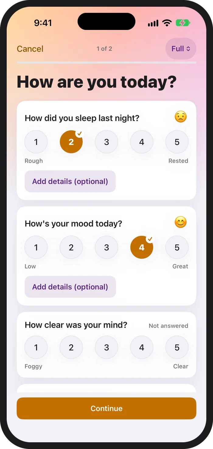 Step one of two of the PeriPal check-in on iPhone: sleep rated 2, mood rated 4, and mental clarity being rated, each from 1 to 5 with a face that changes with the answer