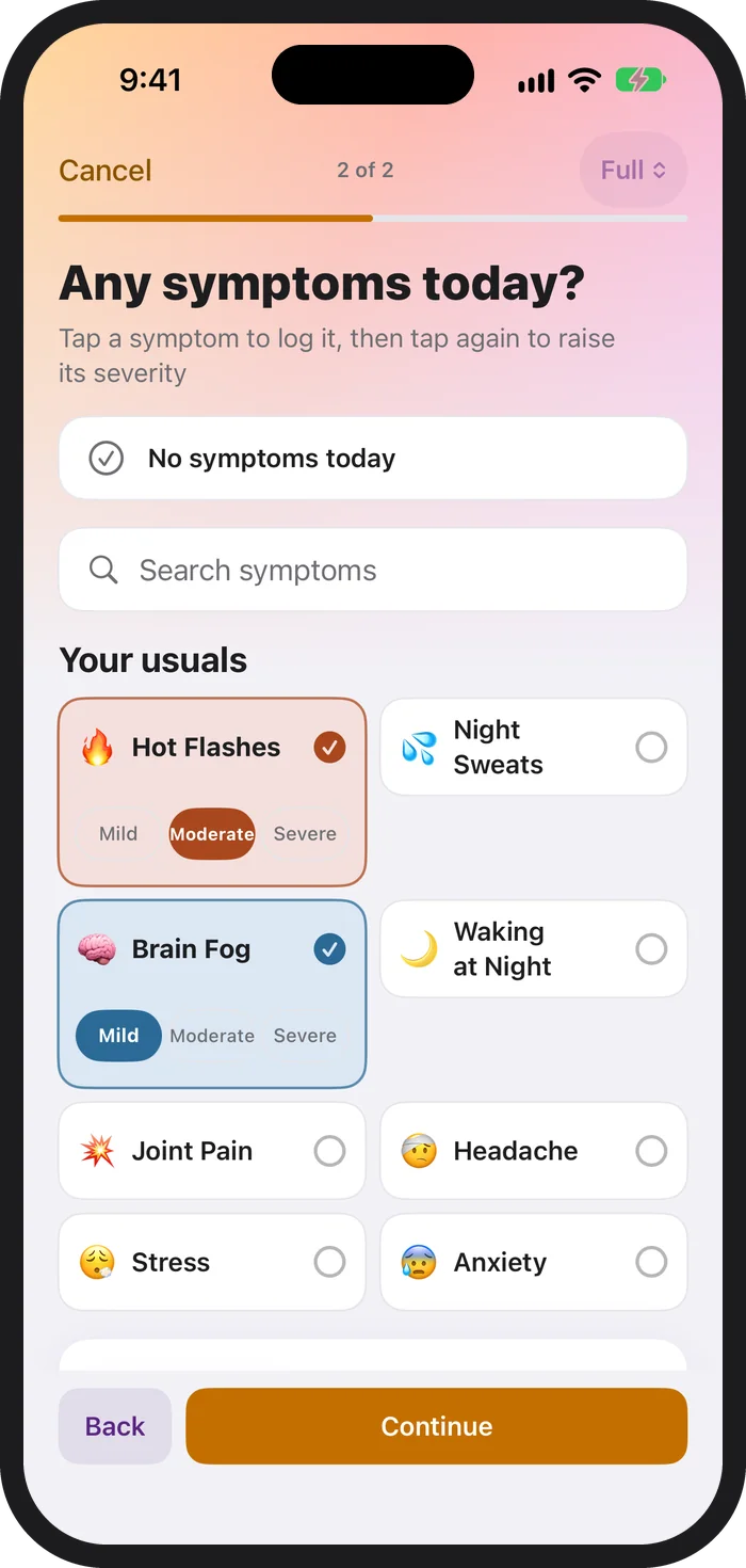 Step two of the PeriPal check-in on iPhone, Any symptoms today, with your usual symptoms as tiles and Hot Flashes logged at moderate