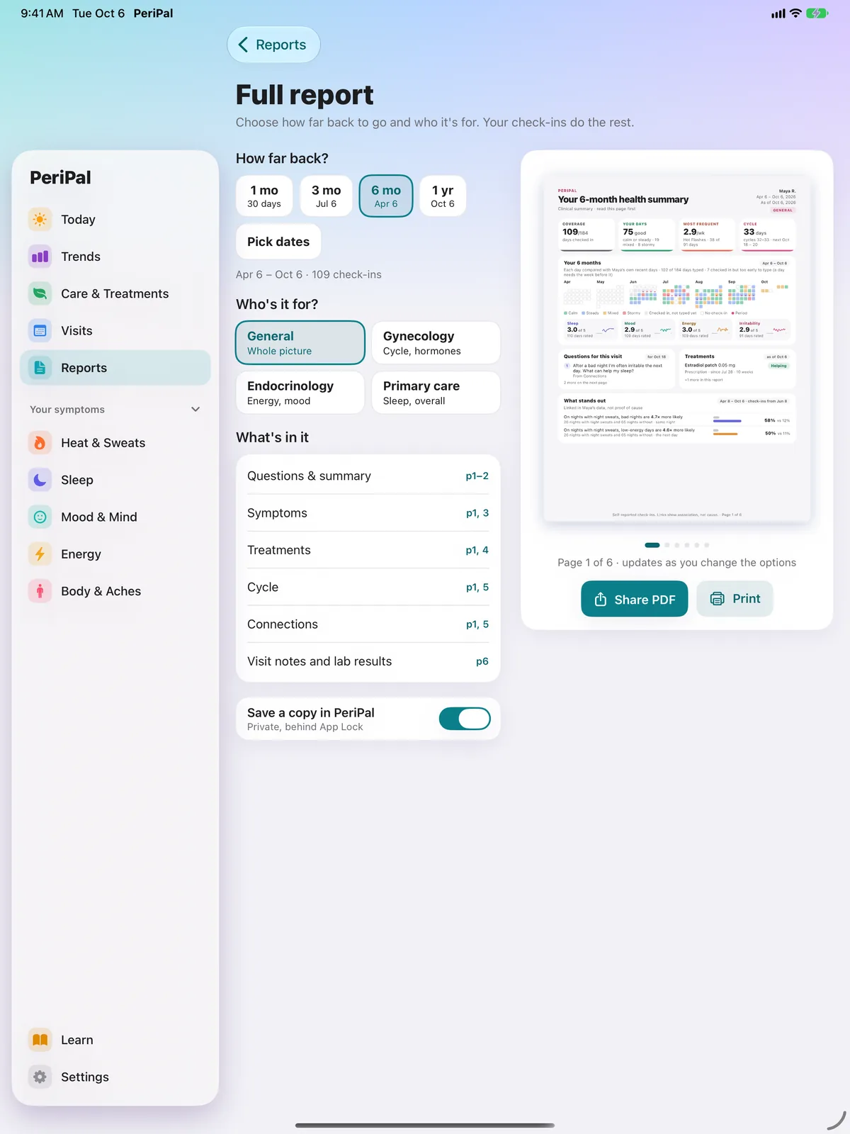 The Full report builder on iPad with the page-one preview beside the options and a What is in it page map