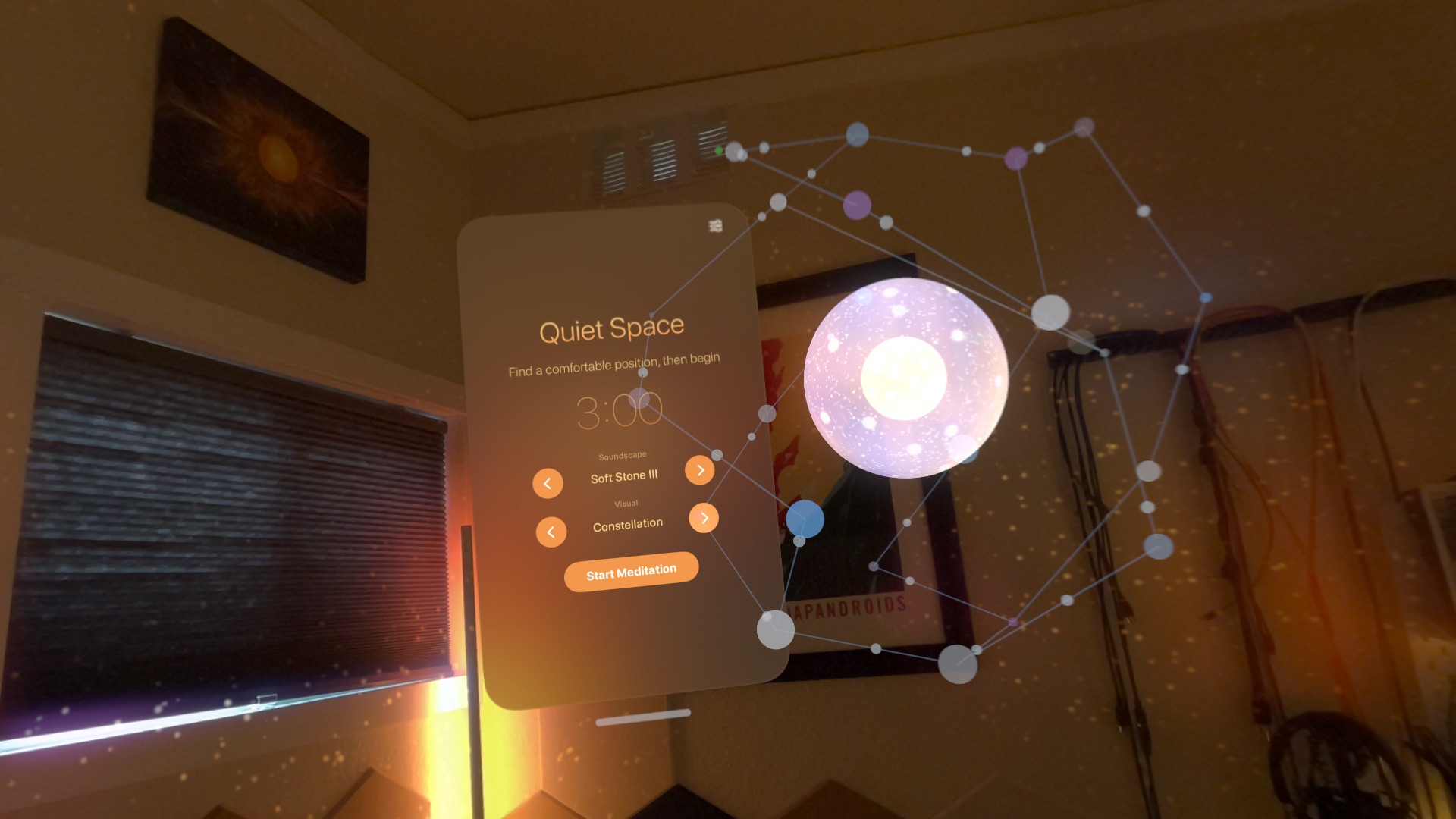 Points of light joined by thin lines form a constellation around the orb, with the Constellation visual selected in the controls.