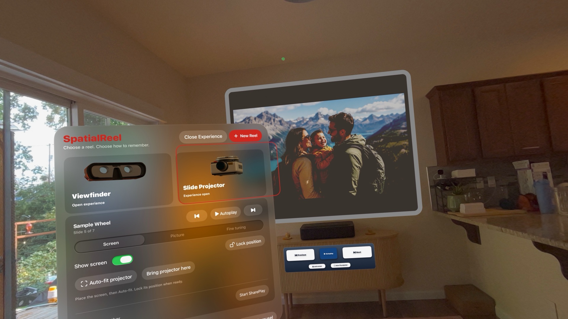 Spatial Reel Slide Projector presenting a family photograph inside a real room