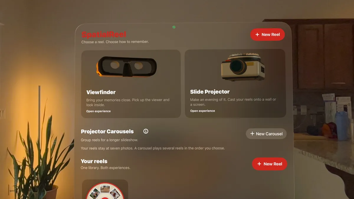 The Spatial Reel menu with its Viewfinder and Slide Projector experiences