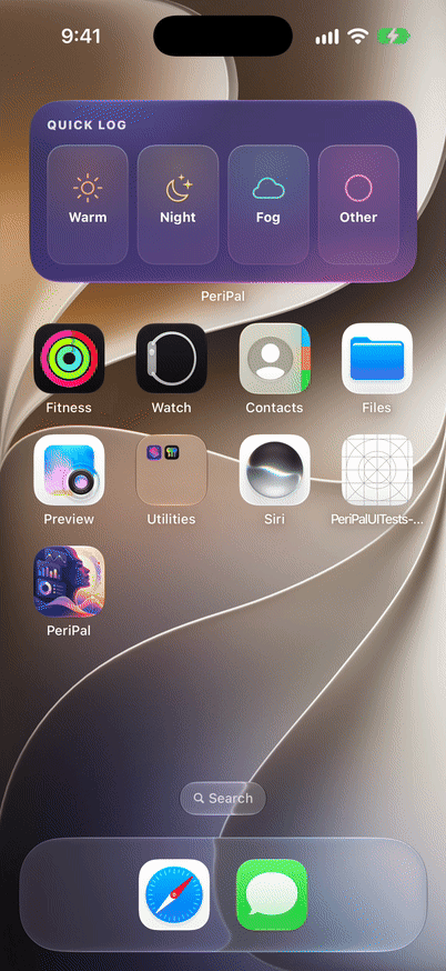 A real iPhone Home Screen: the PeriPal Quick log widget, tapped to log Warm three times, Night twice and Fog once