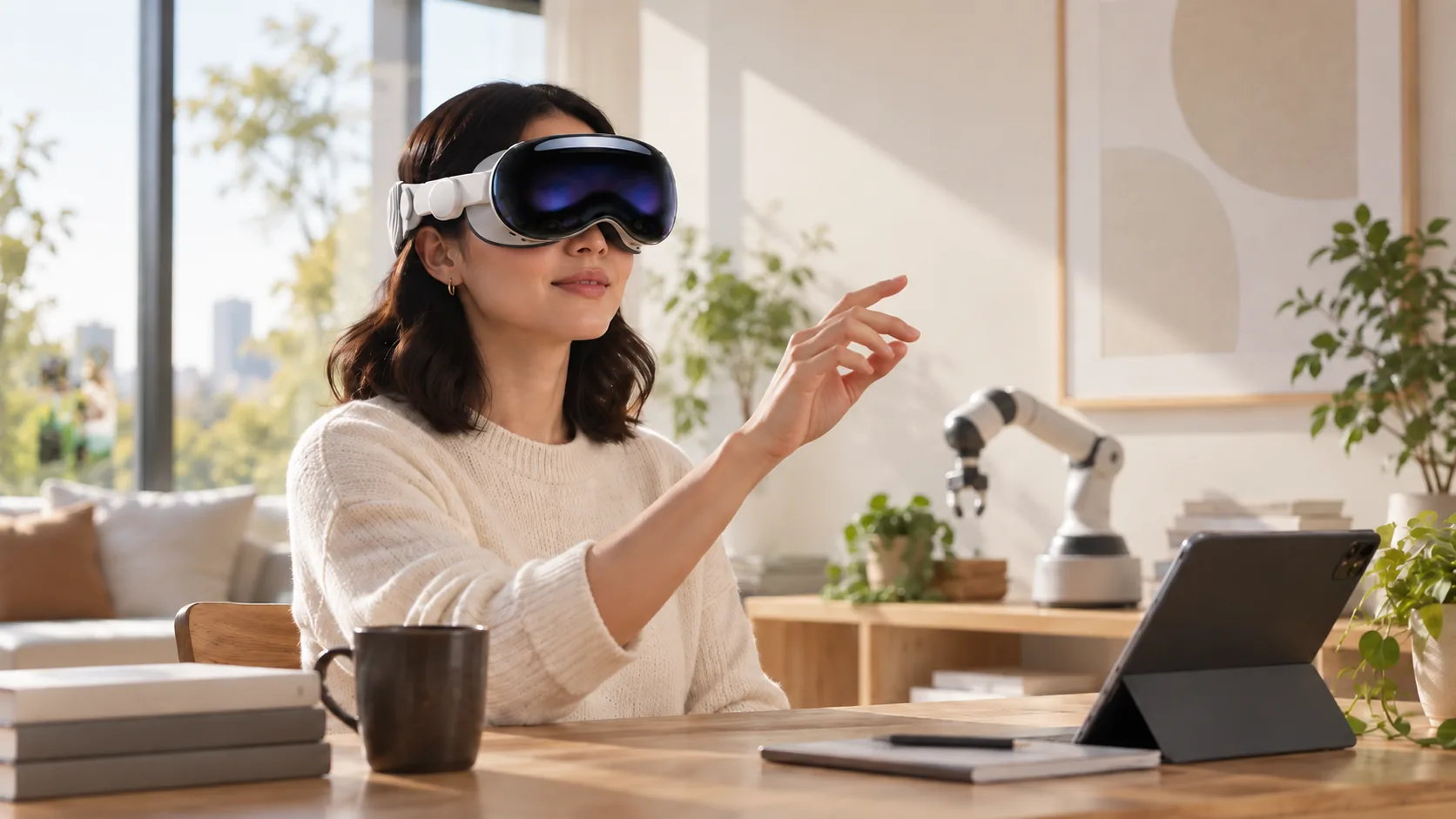 A woman using a spatial headset in a bright living room, with a tablet and assistive robotic arm nearby
